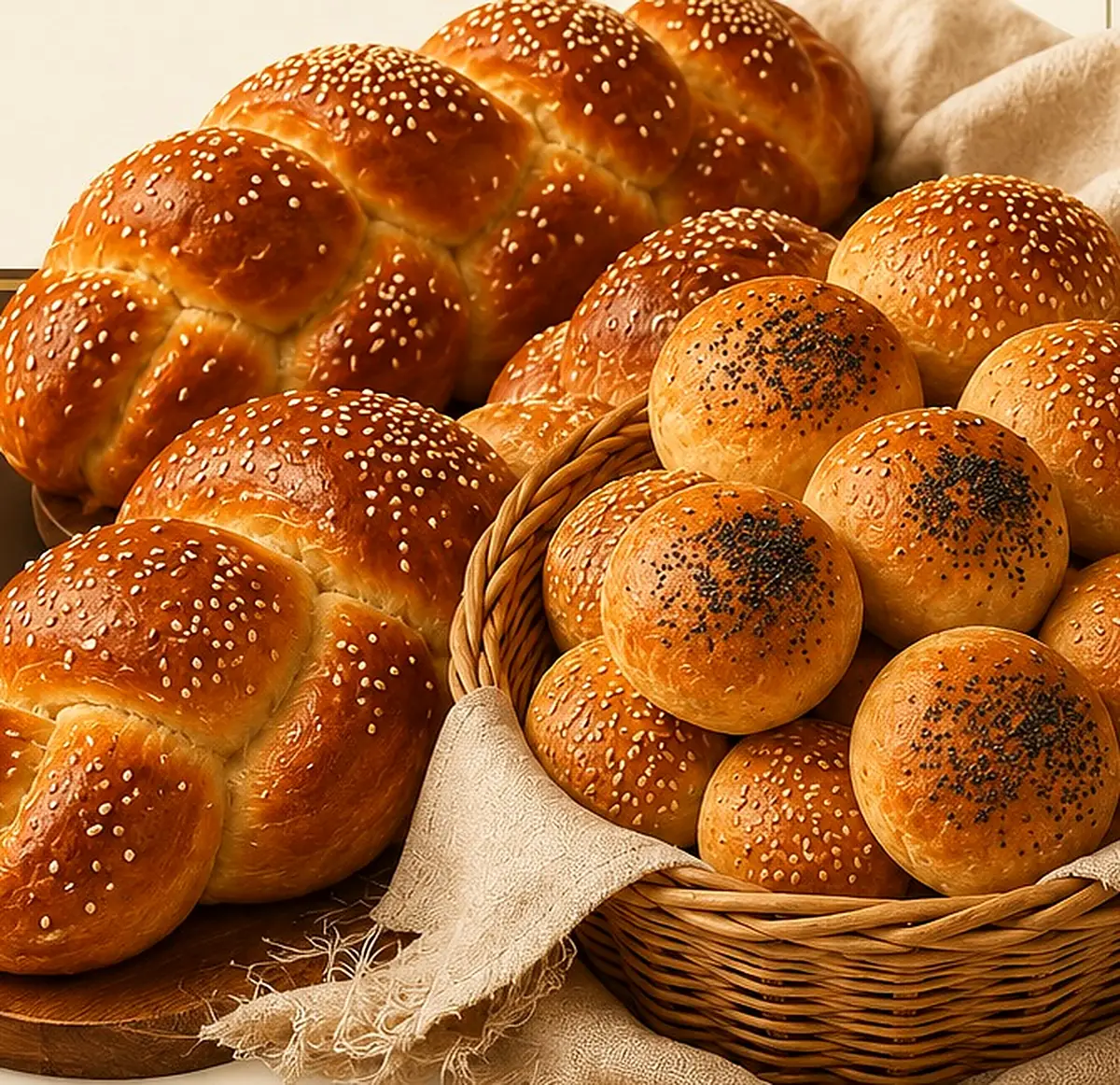 Golden braided gluten free challahs with sesame seeds beside a basket of sesame and poppy seed bilkelech