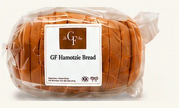 GF Hamotzie Bread, sliced loaf in a clear bag with The GF Shop label