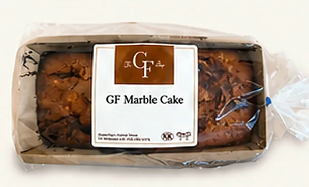 GF Marble Cake in a loaf tray, bagged, with The GF Shop label